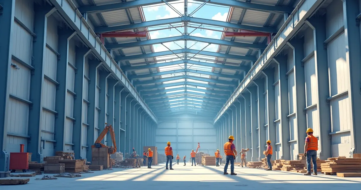 Montagem de estrutura de aço em um galpão industrial