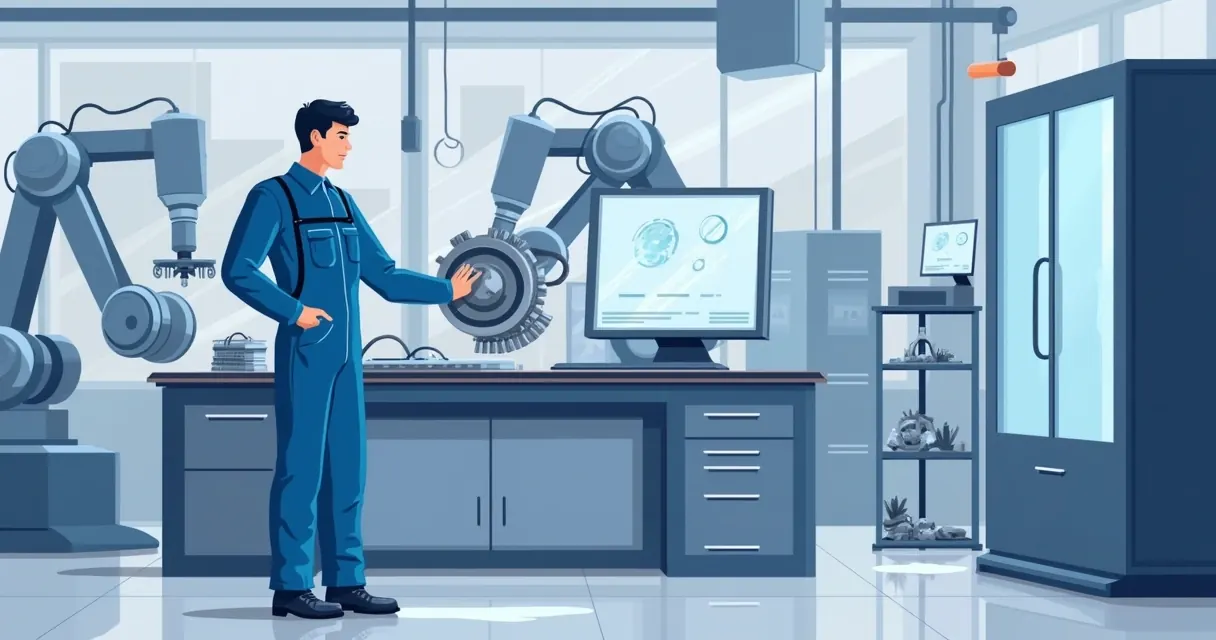 Engenheiro inspecionando peça metálica feita por impressão 3D em fábrica