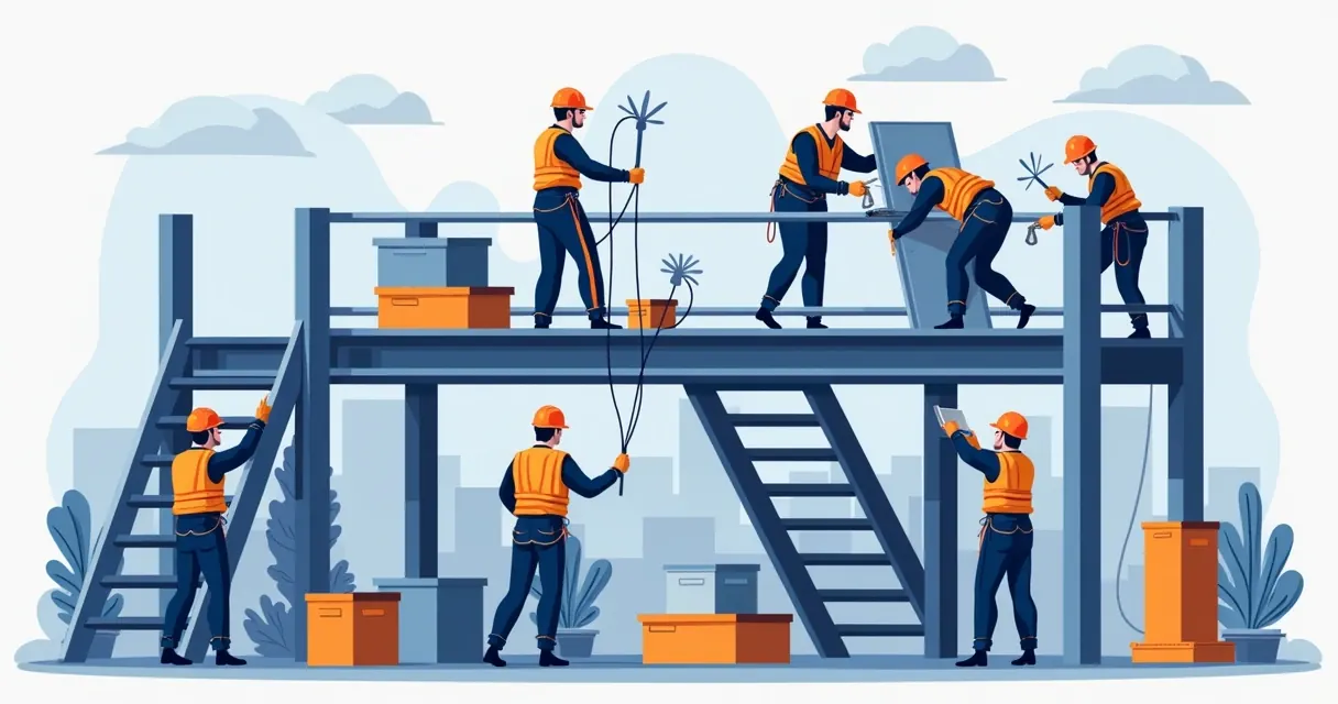 Ilustração corporativa plana de trabalhadores montando mezanino metálico em ambiente industrial com equipamentos e ferramentas ao redor