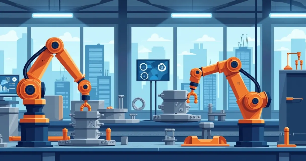 Ilustração corporativa mostrando processos de fabricação metal mecânica com máquinas automatizadas, operação por robôs e impressão 3D em ambiente industrial moderno
