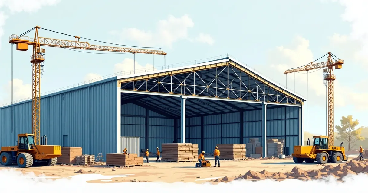 Galpão metálico sendo construído com equipe de trabalhadores e grua