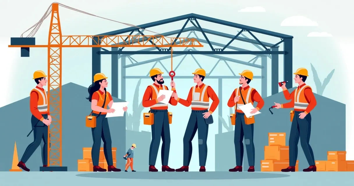 Equipe treinada em obra de estrutura de aço