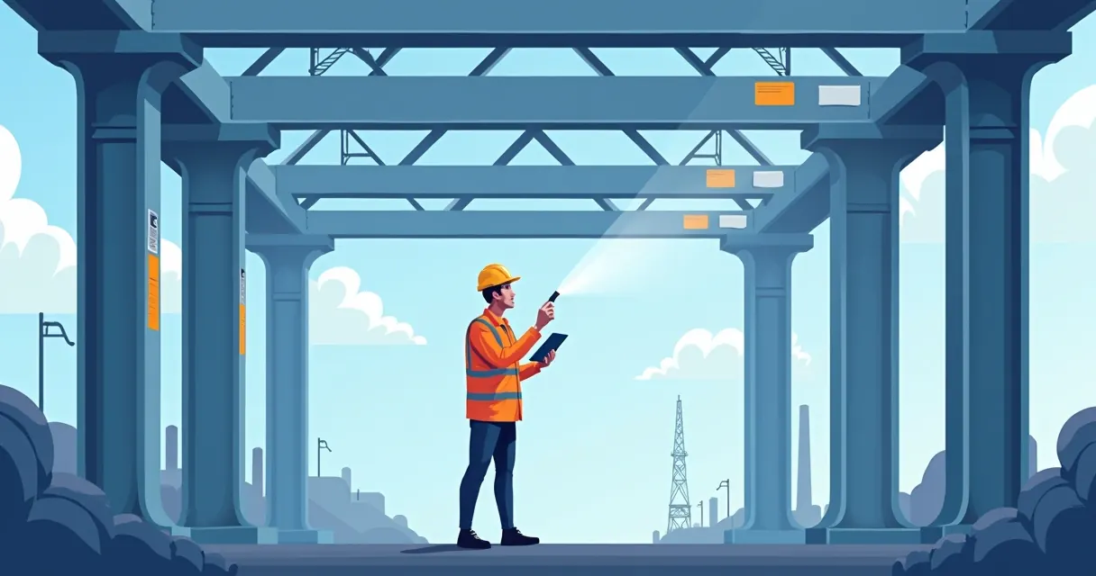 Técnico inspecionando estrutura metálica industrial