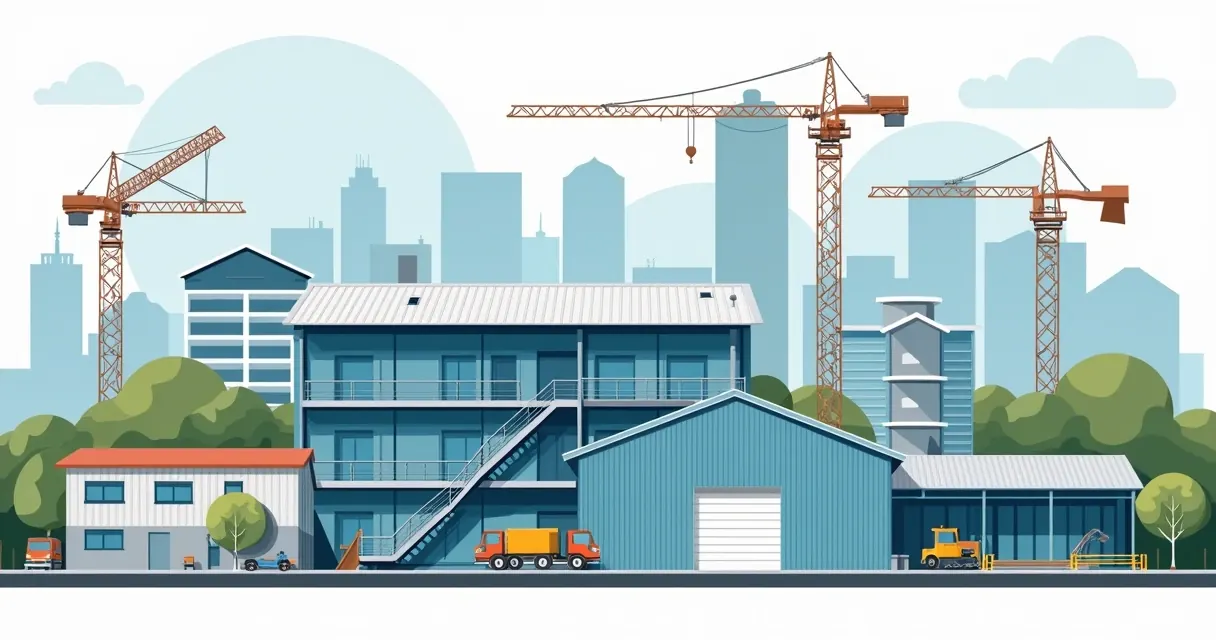 Ilustração corporativa de diferentes tipos de coberturas metálicas com materiais variados, mostrando mezaninos, escadas e telhados em contexto industrial e residencial